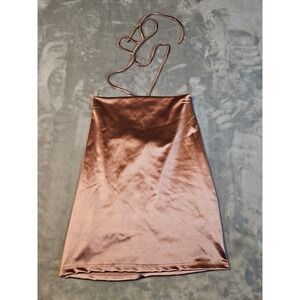 Cefian Rose Gold Satin Halter Mini Dress Ruched Back S574 Small